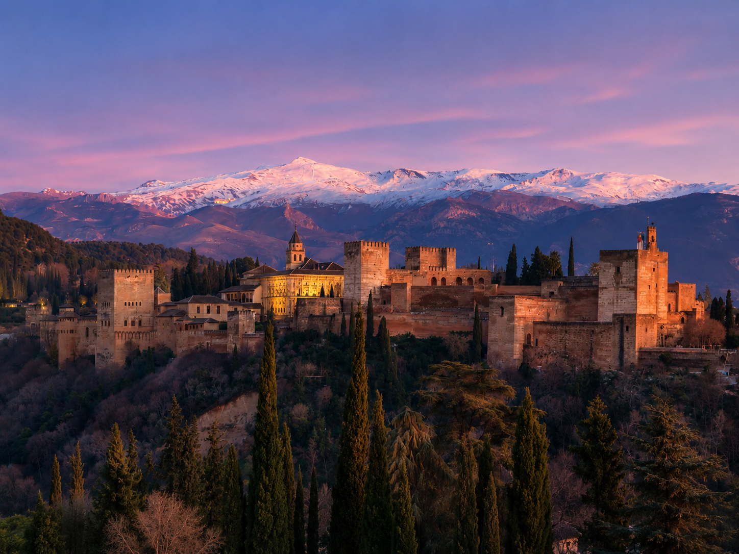 L'Alhambra de Grenade au coucher du soleil, face à la Sierra Nevada